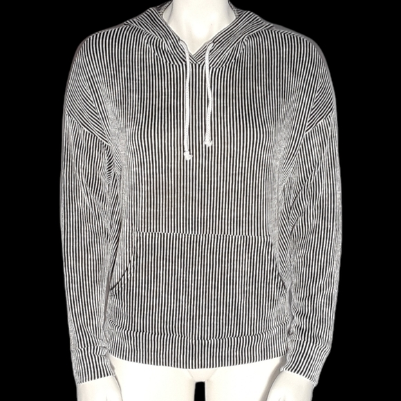 Ribbed Black and White Striped Hooded Top - Picture 2 of 7